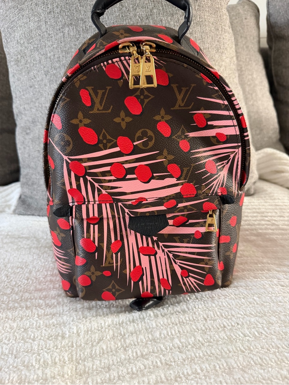 Louis Vuitton Brown Monogram Mini Backpack with Pink Palm & Red Dot Print
